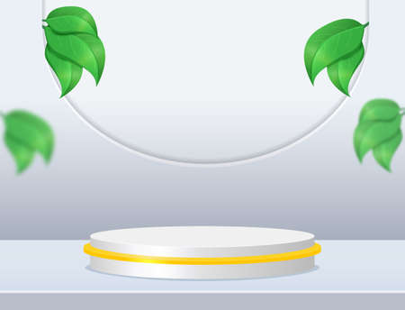 Vector illustration of minimal scene stage with podium on white background with green leaves for presentation, design, mock upのイラスト素材