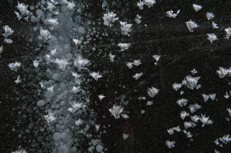 Texture of frozen ice surface with snow. Winter background for design