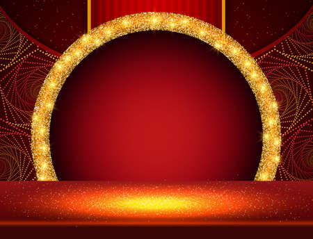 Vector illustration red pattern spiral dots background with sparkle stage floor and shining round banner for designのイラスト素材