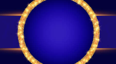 Abstract vector pattern blue wave lines background illustration with round golden shining banner for designのイラスト素材