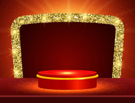 Vector illustration red shine background with sparkle arch and stage podium for designのイラスト素材