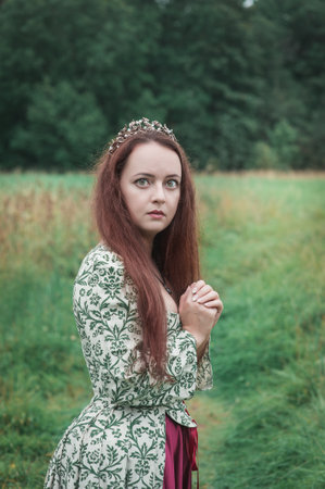 Beautiful woman in long medieval dress with long hair on summer meadow outdoorの写真素材