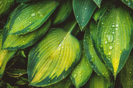 Abstract nature background with green plant leaves and drops of rain for creative designの写真素材