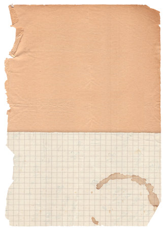 Old vintage rough paper with scratches and stains texture isolated on whiteの写真素材
