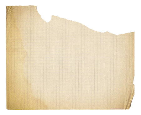 Vintage background of old torn checkered paper texture with spots isolatedの写真素材