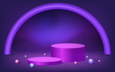 Abstract room with purple pedestal podium, arch shape and balls. scene for product display mockup presentationのイラスト素材