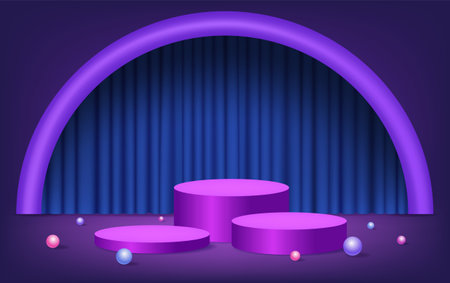 Abstract room with purple pedestal podium, arch curtain and balls. scene for product display mockup presentationのイラスト素材