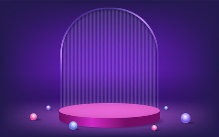 Abstract room with purple pedestal podium, arch shape and balls. scene for product display mockup presentationのイラスト素材