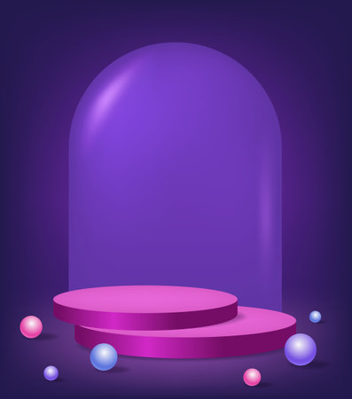 Abstract room with purple pedestal podium, arch shape and balls. scene for product display mockup presentationのイラスト素材