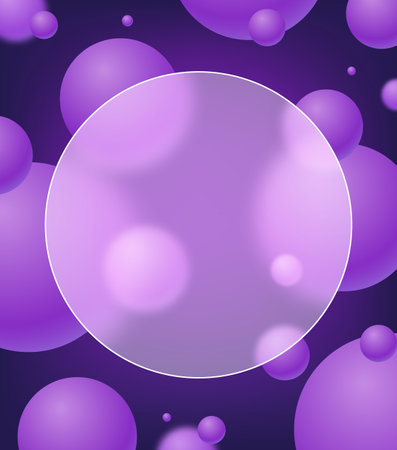 Creative glassmorphism illustration design with transparent frame and purple floating spheres templateのイラスト素材