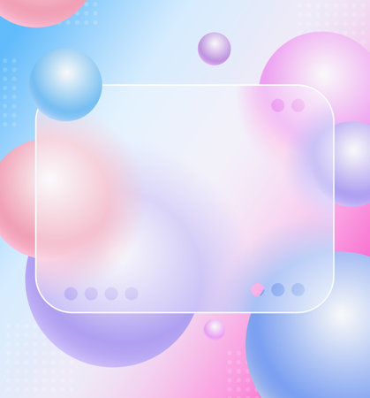 Creative glassmorphism illustration design with transparent frame and colorful floating spheres templateのイラスト素材