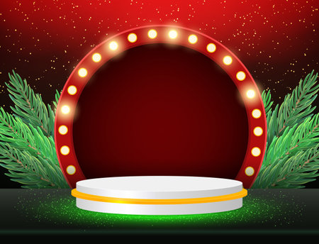 Christmas and New Year red vector background with white podium and fir tree branches for designのイラスト素材