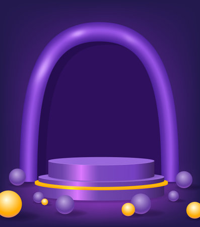 Abstract room with purple, orange pedestal podium, round plastic arch shape and balls. scene for product display mockup presentationのイラスト素材