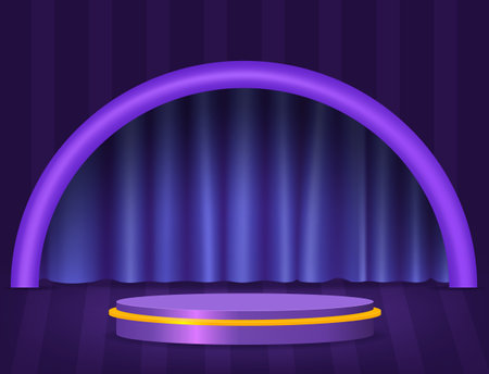 Abstract striped room with purple, orange pedestal podium, round arch shape and curtain. scene for product display mockup presentationのイラスト素材