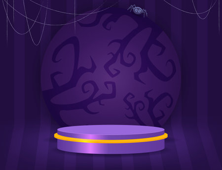 Halloween room striped wall vector background with purple podium on the floor and spider web for designのイラスト素材