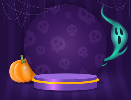 Halloween room striped wall vector background with purple podium on the floor, pumpkin, ghost and spider web for designのイラスト素材