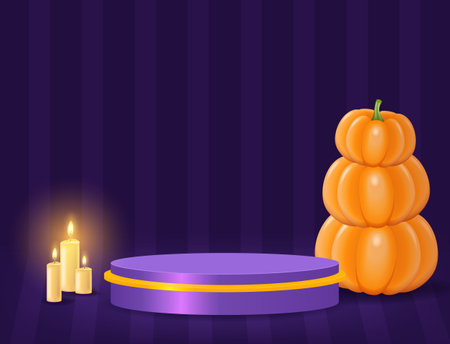 Halloween room striped wall vector background with purple podium, pumpkin and burning candles for designのイラスト素材