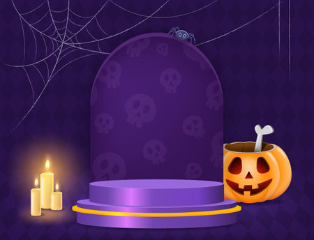 Halloween room diamond-shaped wall vector background with purple podium, spider, pumpkin and candles and web on the floor for designのイラスト素材