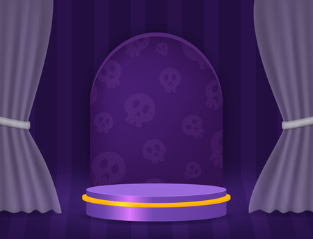Halloween room striped wall vector background with purple podium and transparent curtain on the floor for designのイラスト素材