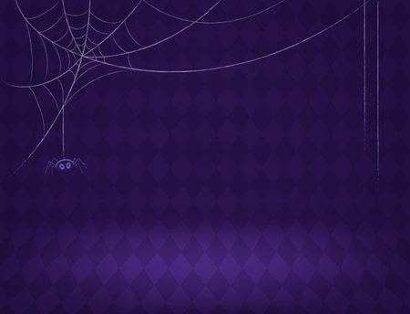 Halloween room with purple diamond-shaped wall and hanging spider web vector background for designのイラスト素材