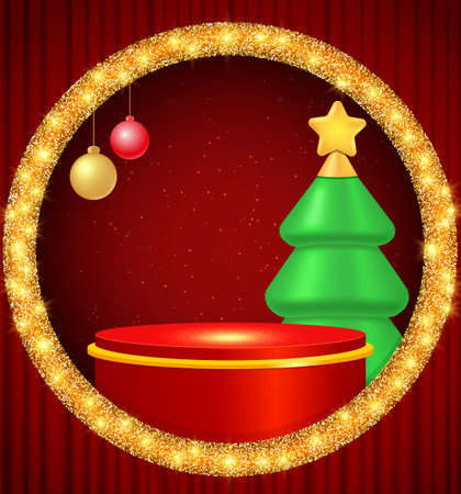 Christmas and New Year vector background with red podium, hanging balls and fir tree for designのイラスト素材