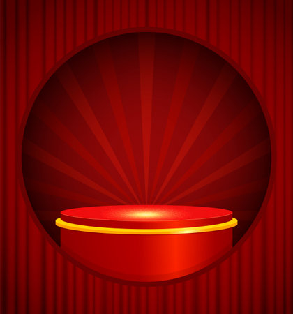 Abstract red background with curtain and pedestal podium. scene for product display mockup presentationのイラスト素材