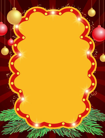 Christmas and New Year vector background with sparkle shining banner, fir tree branches and hanging celebrate balls for designのイラスト素材