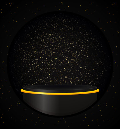 Abstract black background with golden dust and pedestal podium. scene for product display mockup presentationのイラスト素材