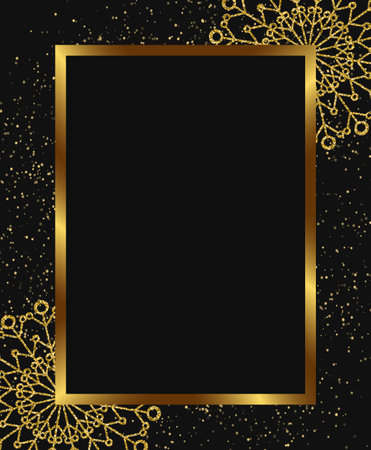 Abstract vector holiday background with dark frame and golden snowflakes for Christmas design conceptのイラスト素材