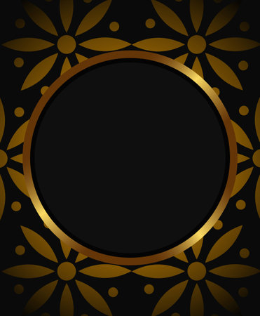 Abstract carved vector dark background with round golden banner and flowers patternのイラスト素材