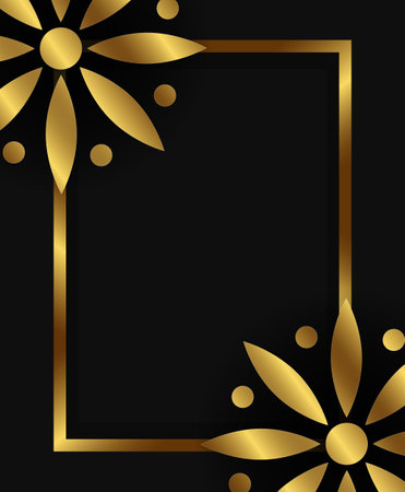 Abstract vector holiday dark background with shining lines frame and golden flowersのイラスト素材