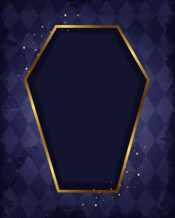 Halloween holiday vector illustration purple diamond-shaped wall background with golden coffin frameのイラスト素材