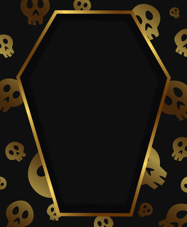 Halloween holiday vector illustration background with golden coffin frame and skull textureのイラスト素材