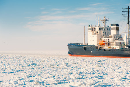 Winter shipping. Big cargo ship in frozen ice sea fairwayの写真素材