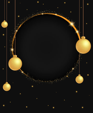 Christmas and New Year vector black background with sparkle shining round banner, holiday hanging balls and dustのイラスト素材