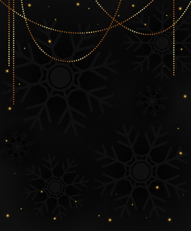 Abstract vector holiday background with dark snowflakes, dust and hanging glittering golden garlandのイラスト素材