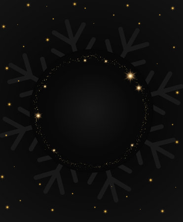 Abstract vector holiday background with dark snowflakes, dust and glittering golden round bannerのイラスト素材