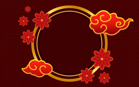 Vector Chinese new year illustration red ornament background with asian elements, flowers and round bannerのイラスト素材