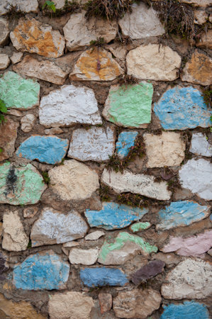 Ancient wall texture background with old colorful bricks and plantの写真素材