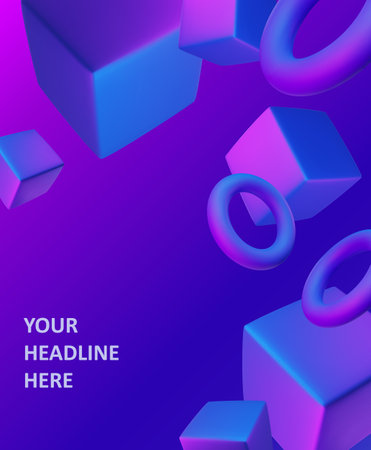 Abstract poster, brochure, flyer design background with blue and purple cubes and torusesのイラスト素材