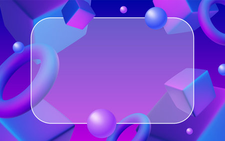 Abstract poster, brochure, flyer design background with blue and purple cubes, circles, floating balls, toruses and transparent frameのイラスト素材