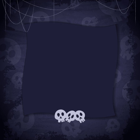 Blue grunge wallpaper background with creepy skulls, empty frame and spider web for vector Halloween designのイラスト素材