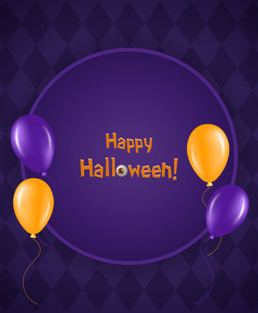 Halloween holiday vector illustration purple wall background with round frame and flying balloonsのイラスト素材