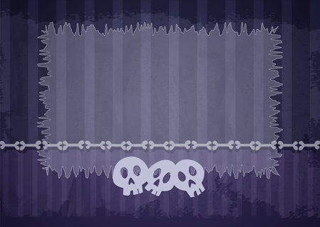 Halloween vector illustration background with frame of aged old room with blue striped grunge wallpaper, bones and party transparent bannerのイラスト素材