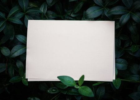 Empty white paper lies on green leaves of a plant, creating a rustic and natural background. The...