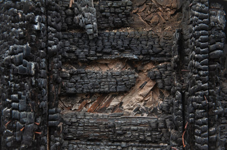 Burnt wood texture provides a dramatic contrast and serves as a rustic background or environmental detailの写真素材