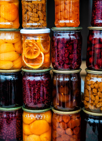 Homemade fruit preserves neatly arranged in glass jars, perfect for showcasing rustic and organic foodの写真素材
