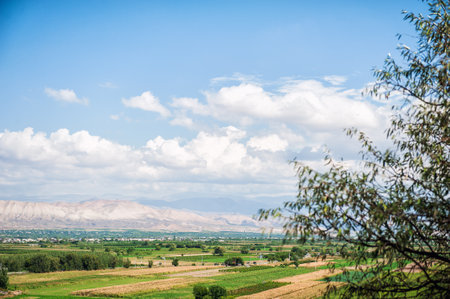 Vast farmland stretches towards the distant mountains under a scenic sky in Armeniaの写真素材