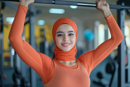 Happy beautiful hijab woman in sportswear is focused on her gym workout. Her strength and energy showcase fitness and determinationの素材
