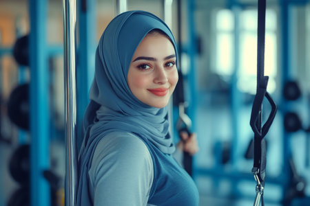 Happy beautiful hijab woman in blue sportswear is focused on her gym workout. Her strength and energy showcase fitness and determinationの素材